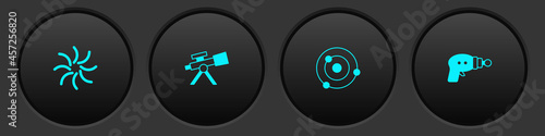 Set Black hole, Telescope, Solar system and Ray gun icon. Vector
