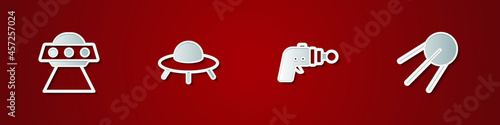 Set UFO flying spaceship, , Ray gun and Satellite icon. Vector