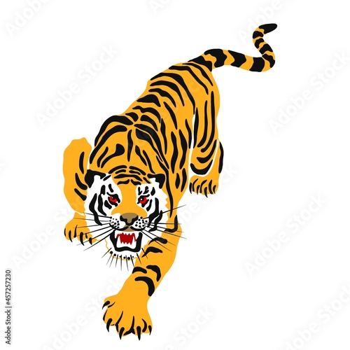 An illustration of a tiger or a wild cat with huge claws and fangs. A bloodthirsty predator before hunting a victim. An idea for a tattoo. a relative of a lion, cougar, leopard or cheetah