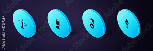 Set Isometric Torch flame, Military reward medal, Rocket launcher and Plane icon. Vector