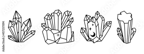 Crystals or gemstones cliparts bundle, gem collection, jewelry stone or diamond set, black and white isolated objects black and white vector illustration set