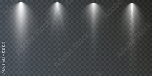 Spotlights set isolated on transparent background. Vector glowing light effect with golden rays and lens flares.	