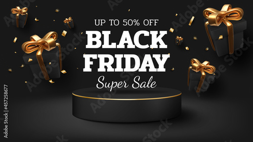 Black friday background with gift box and ribbon golden luxury, Realistic showing podium. 3d vector illustration.