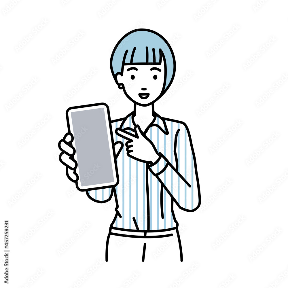 立ってスマートフォンを指差してこちらに向けて見せているブラウスの女性