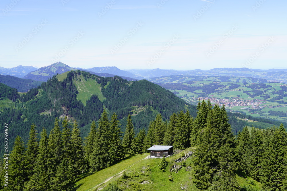 View from the Alpspitz alpine summit in the Allgäu. Bavarian panorama landscape.