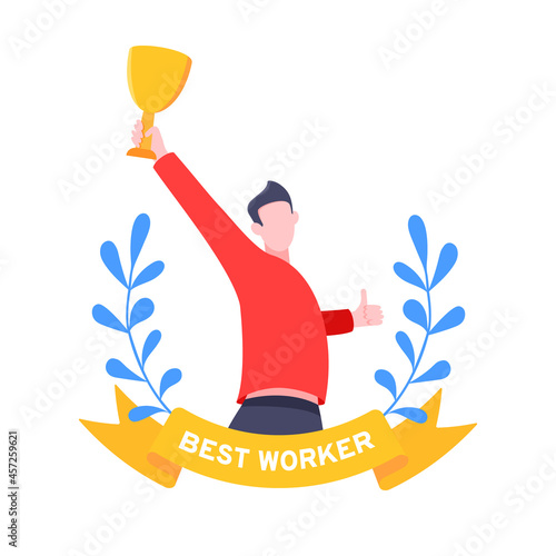 Best worker employee winner with trophy cup inside award ribbon and floral wreath flat style design vector illustration. Employee of the month, talent award, best worker competition prize.