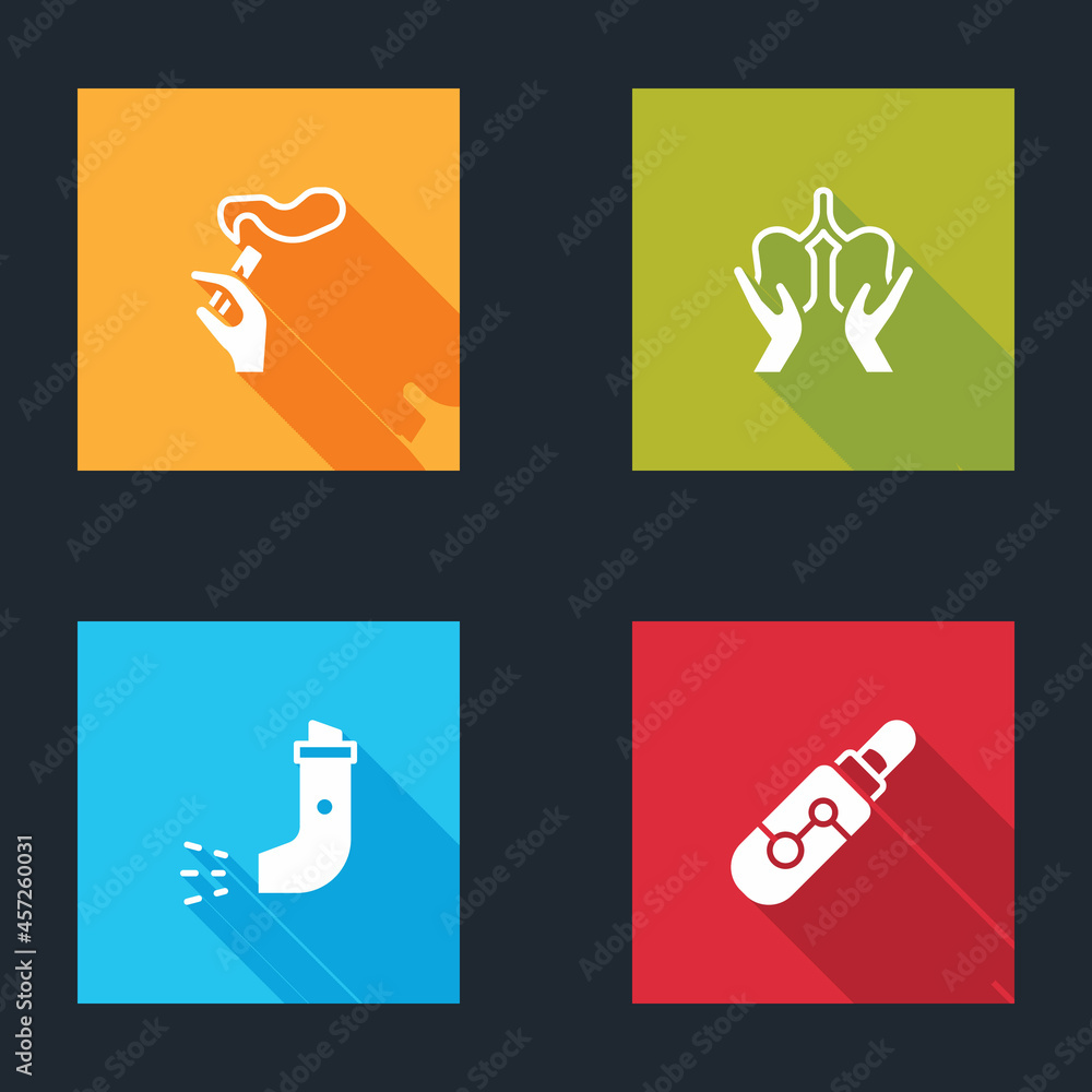 Set Hand with smoking cigarette, Lungs, Inhaler and Electronic icon. Vector Set Hand with smoking cigarette, Lungs, Inhaler and Electronic icon. Vector