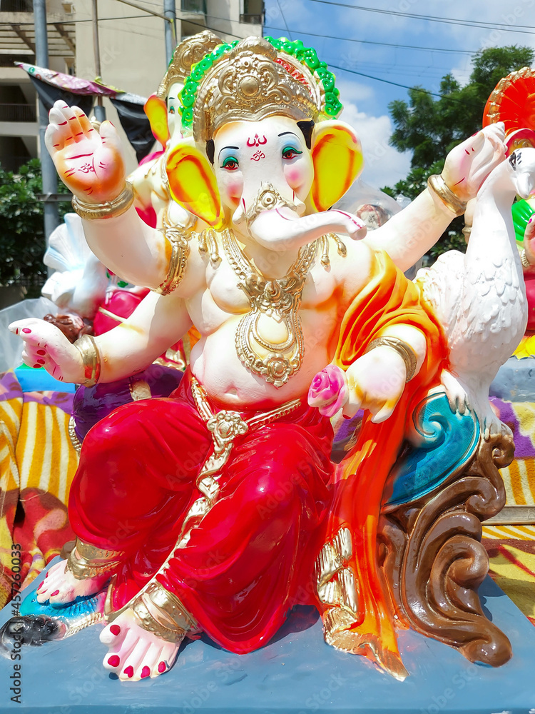 Eco Friendly Statue Of Indian Lord God Ganesha Bapa Also Called Bhagwan Ganpati Bappa Morya Deva Shubh Labh. Idol Is Used For Worship On Ganesh Chaturthi Jayanti Diwali, Deepavali and Deepawali