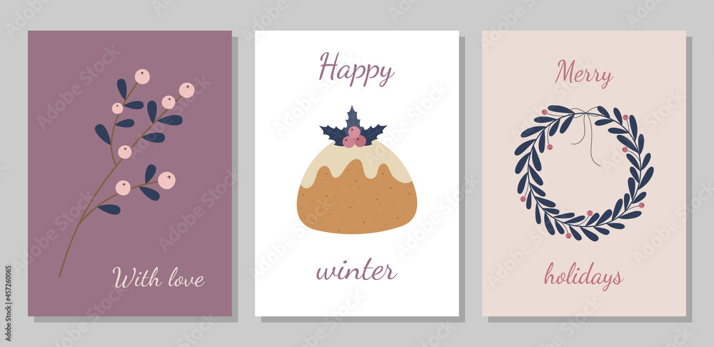 A set of Christmas cards. Happy New Year. Vector illustration. Suitable for greeting cards, invitations to a party. With love, happy winter, merry holidays.