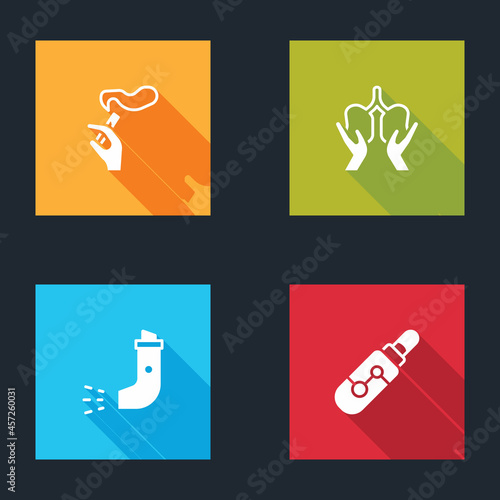 Set Hand with smoking cigarette, Lungs, Inhaler and Electronic icon. Vector