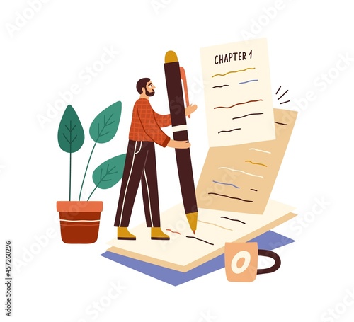 Writer writing book with pen on papers. Author creating fiction literature. Work and creation process of creator with novel pages and coffee cup. Flat vector illustration isolated on white background