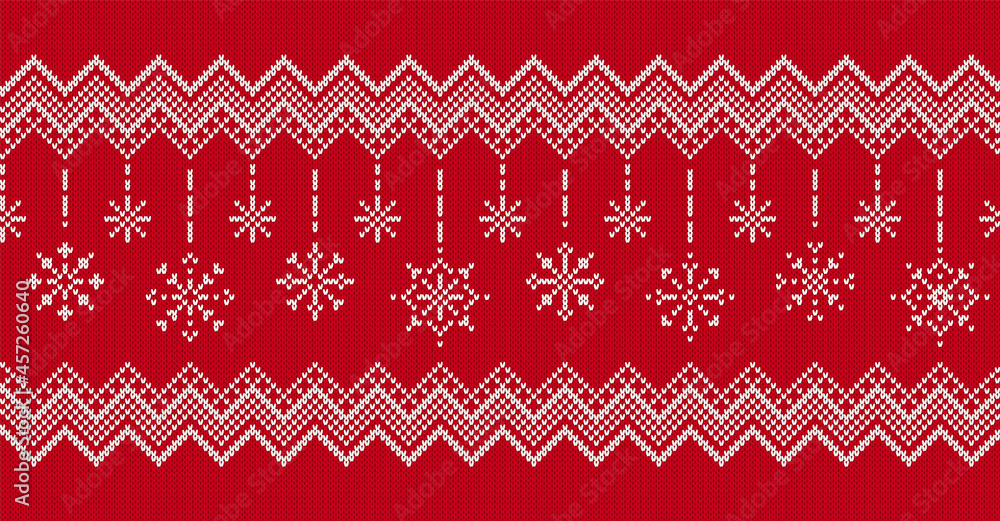 Knit seamless background. Christmas border with snowflakes. Xmas winter texture. Festive pattern. Holiday fair isle traditional print. Red knitted frame. Vector illustration.