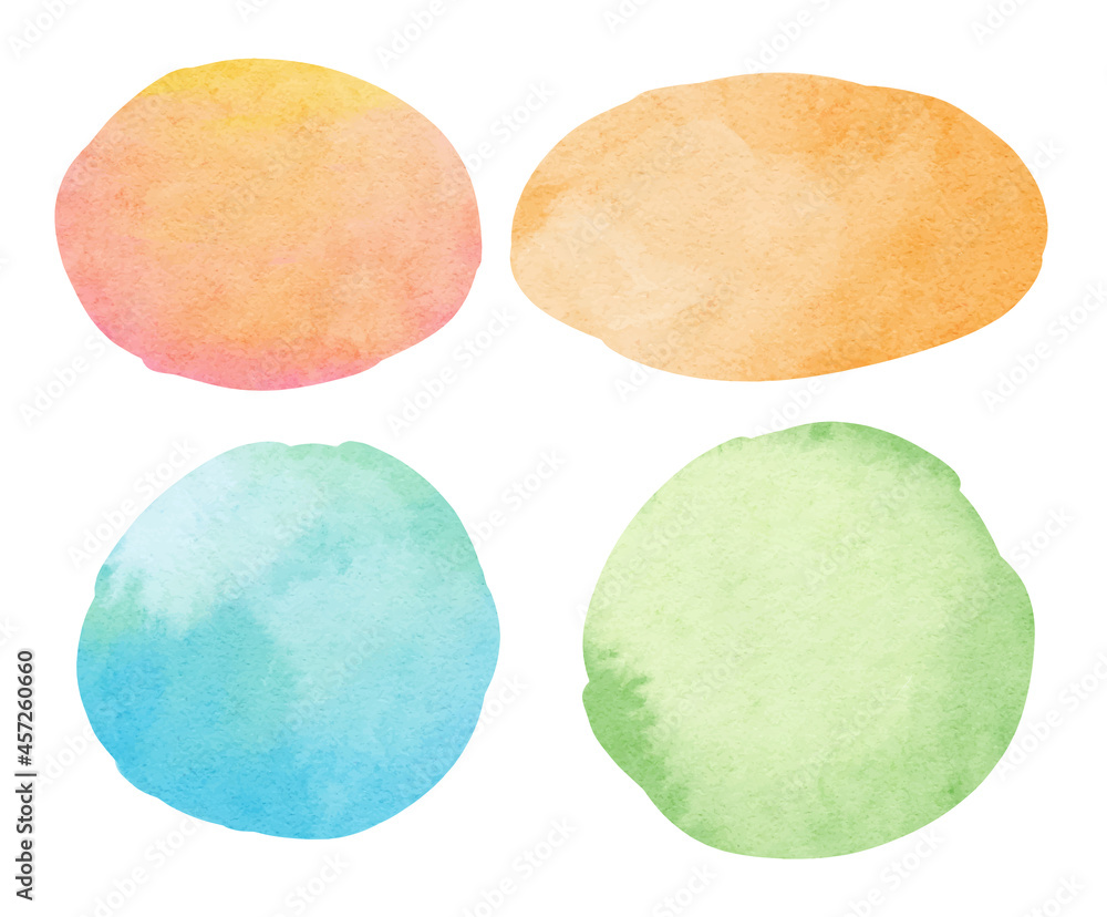 Abstract watercolor background. Circle and oval watercolor texture on white background. Orange, green, blue color.