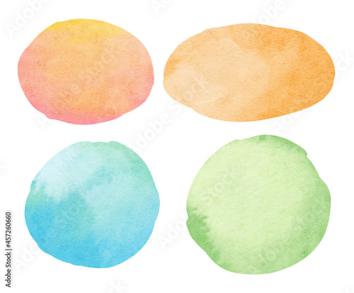 Abstract watercolor background. Circle and oval watercolor texture on white background. Orange, green, blue color.