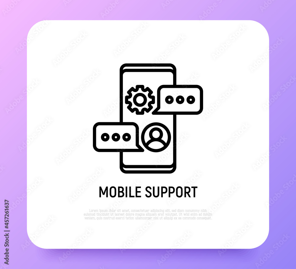 Mobile support thin line icon: chat on smartphone with speech bubble. Modern vector illustration. Mobile support thin line icon: chat on smartphone with speech bubble. Modern vector illustration.