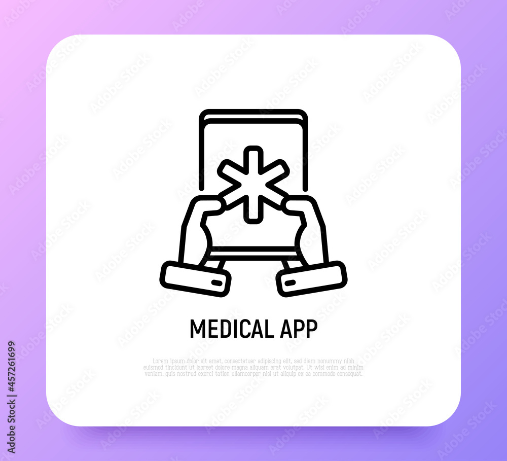 Medical app on tablet in hands thin line icon. Modern vector illustration.