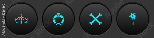 Set Christian cross, Magic stone ring, Crossed human bones and Medieval chained mace ball icon. Vector