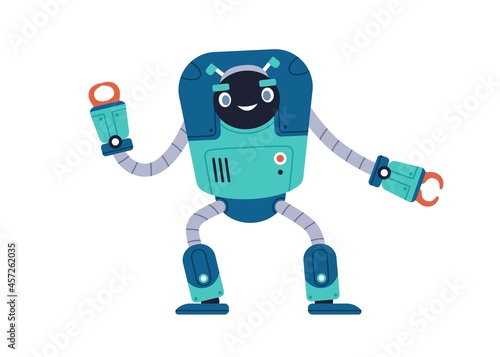 Cute happy robot toy. Funny child bot with smiling face. Kids adorable humano...
