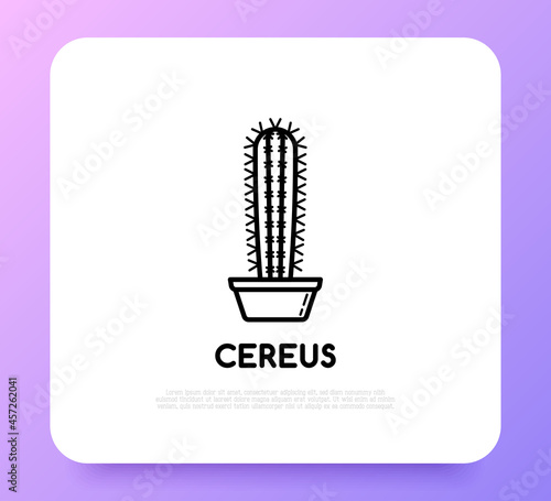 Cactus with prickles in pot thin line icon. Modern vector illustration of home plant.
