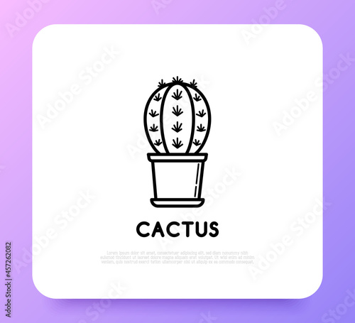 Cactus with prickles in pot thin line icon. Modern vector illustration of home plant.