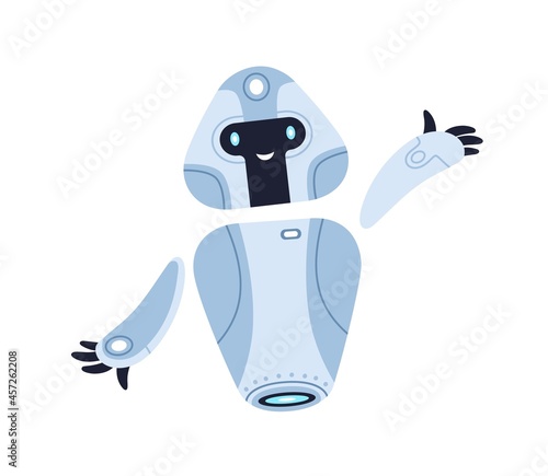 Cute childish metal robot toy gesturing hi. Happy funny kids bot with smiling face. Portrait of adorable humanoid cyborg machine. Colored flat cartoon vector illustration isolated on white background