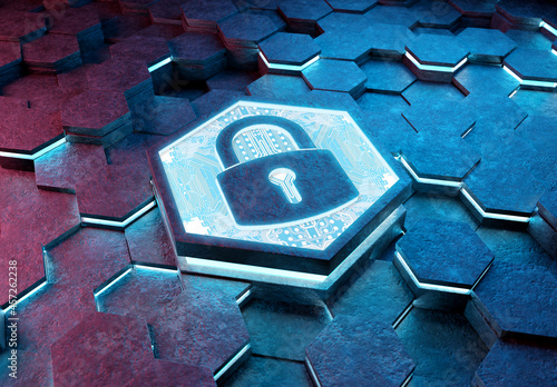 Web security icon concept engraved on metal hexagonal pedestral background. Padlock Logo glowing on abstract digital surface. 3d rendering