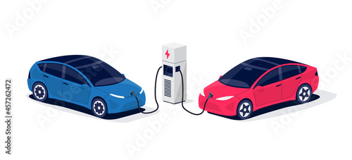 Isometric electric cars charging parking at the charger station with a plug in cable. Isolated flat vector illustration with fast charge stall and plug in cable. Electrified transportation e-motion.