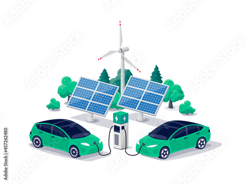 Electric cars charging on parking lot area with fast supercharger station stall. Vehicle on renewable smart solar panel wind power station electricity network grid. Isolated flat vector illustration.