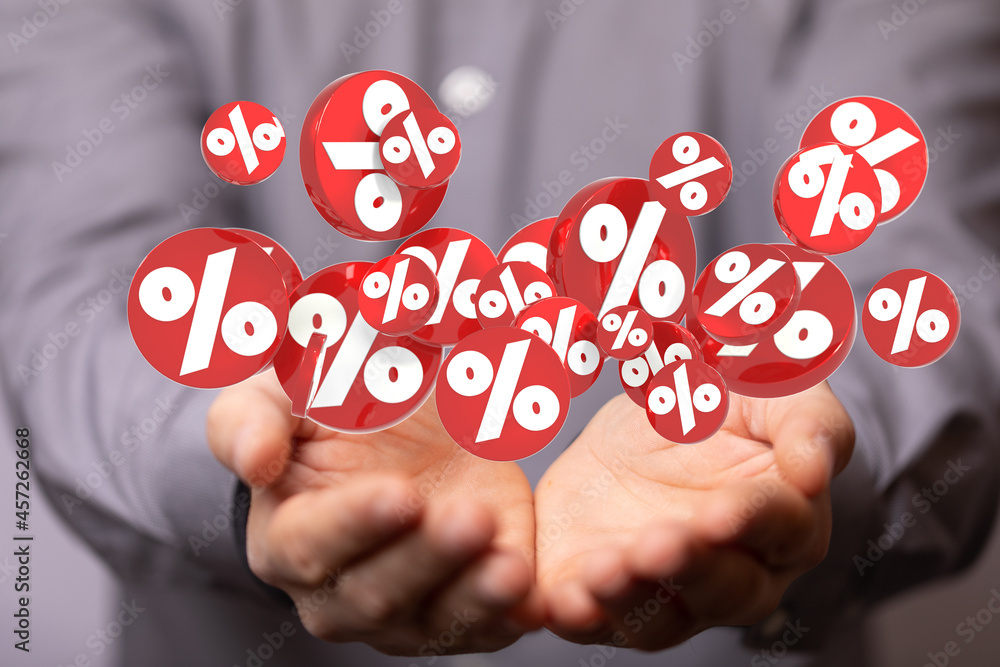 Red cubes percent falling on a white background. 3d rendering. Illustration for advertising. Red cubes percent falling on a white background. 3d rendering. Illustration for advertising.