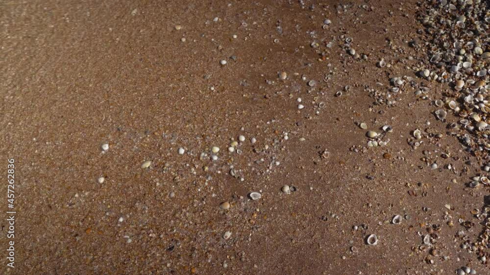 4k video. Shooting from above as the waves on the sand with small shells on the beach 4k video. Shooting from above as the waves on the sand with small shells on the beach