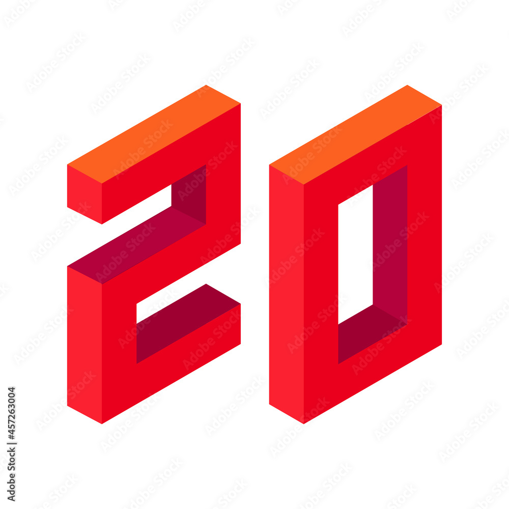 Red number 20 in isometric style. Isolated on white background. Learning numbers, serial number, price, place.