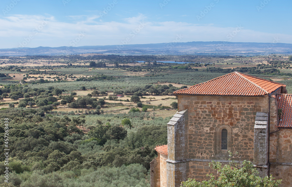 Church of Santa Marina with San Marcos Dam at bottom, Aceituna, Extremadura, Spain