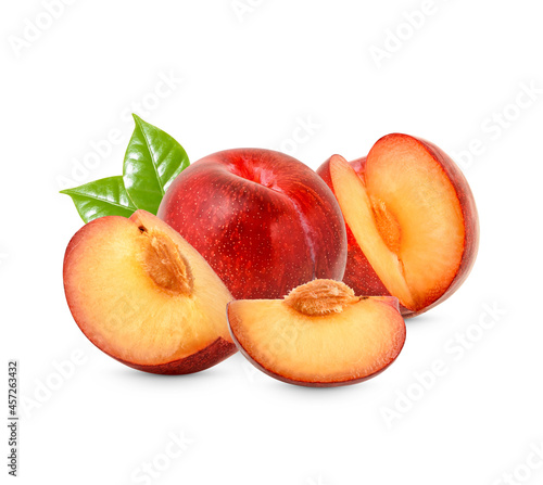 Fresh Red plum with leaves isolated on white background