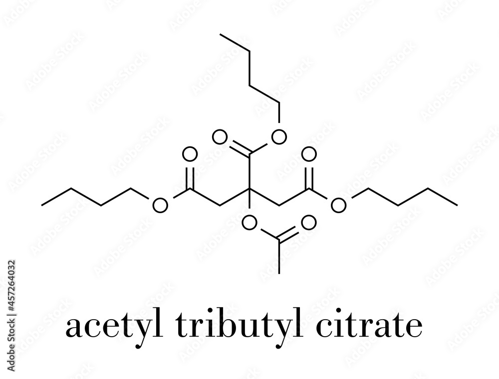 Acetyl tributyl citrate (ATBC) plasticizer molecule. Biodegradable alternative to phthalate plasticizers. Skeletal formula.