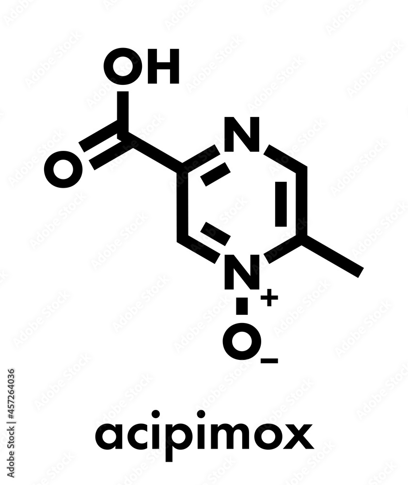 Acipimox hypertriglyceridemia drug molecule. Skeletal formula. Acipimox hypertriglyceridemia drug molecule. Skeletal formula.