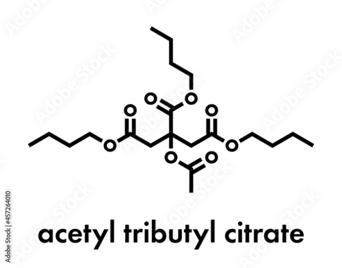 Acetyl tributyl citrate (ATBC) plasticizer molecule. Biodegradable alternative to phthalate plasticizers. Skeletal formula.