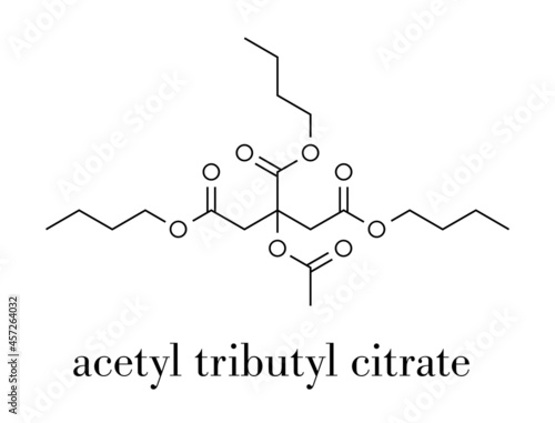 Acetyl tributyl citrate (ATBC) plasticizer molecule. Biodegradable alternative to phthalate plasticizers. Skeletal formula.