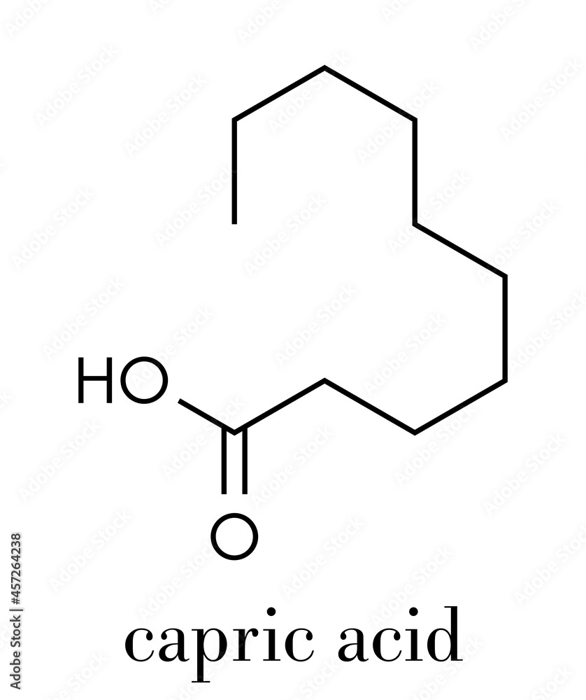 Capric (decanoic) acid molecule. Common saturated fatty acid. Skeletal formula. Capric (decanoic) acid molecule. Common saturated fatty acid. Skeletal formula.