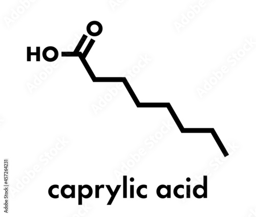 Caprylic (octanoic) acid molecule. Common saturated medium-chain fatty acid. Skeletal formula.