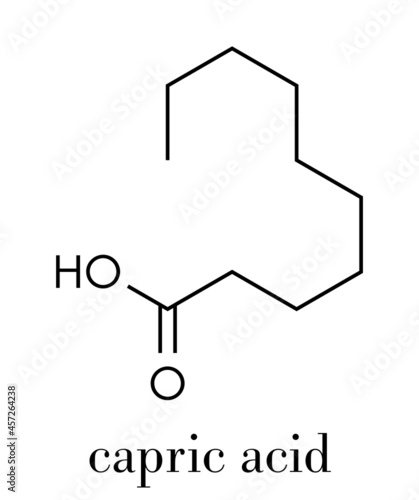 Capric (decanoic) acid molecule. Common saturated fatty acid. Skeletal formula. photo