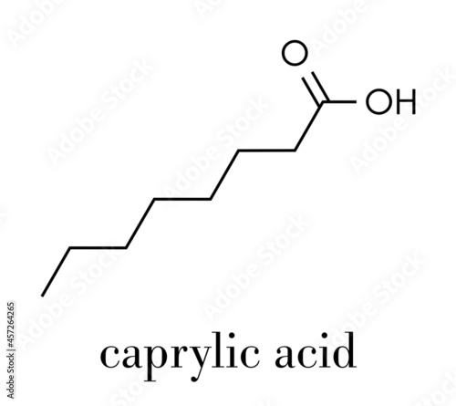 Caprylic (octanoic) acid molecule. Common saturated medium-chain fatty acid. Skeletal formula.