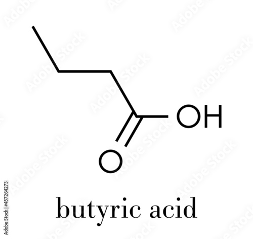 Butyric acid (butanoic acid) short-chain fatty acid molecule. Esters and salts are called butyrates. Skeletal formula.