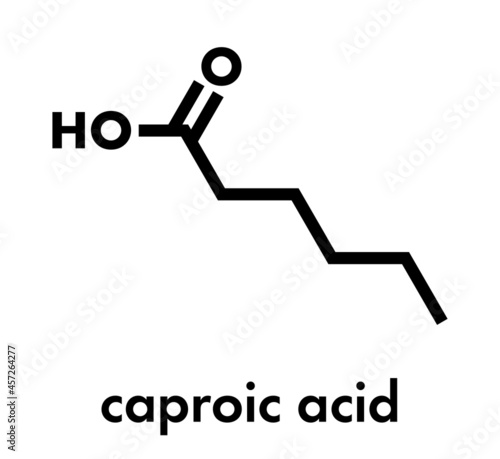 Caproic acid (hexanoic acid) fatty acid molecule. Salts and esters are called hexanoates or caproates. Skeletal formula. photo