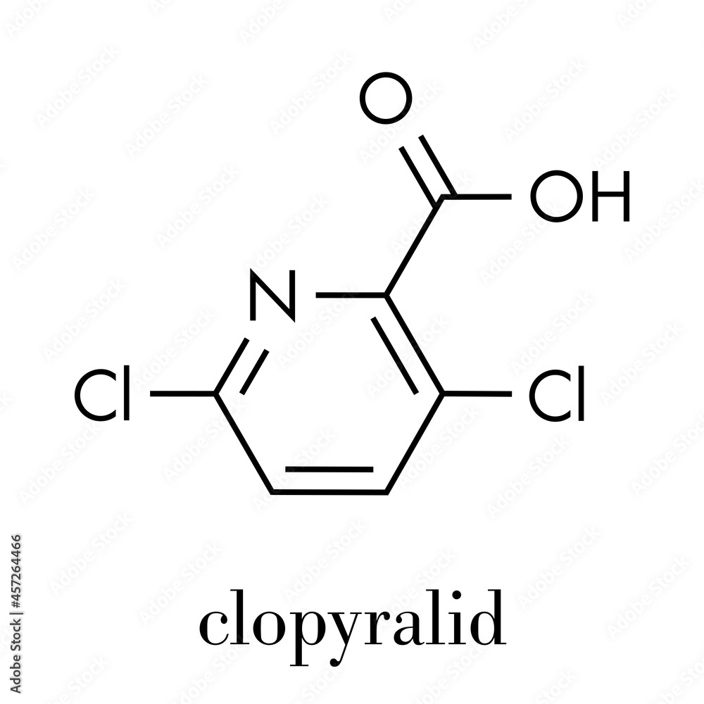Clopyralid herbicide molecule. Skeletal formula. Clopyralid herbicide molecule. Skeletal formula.