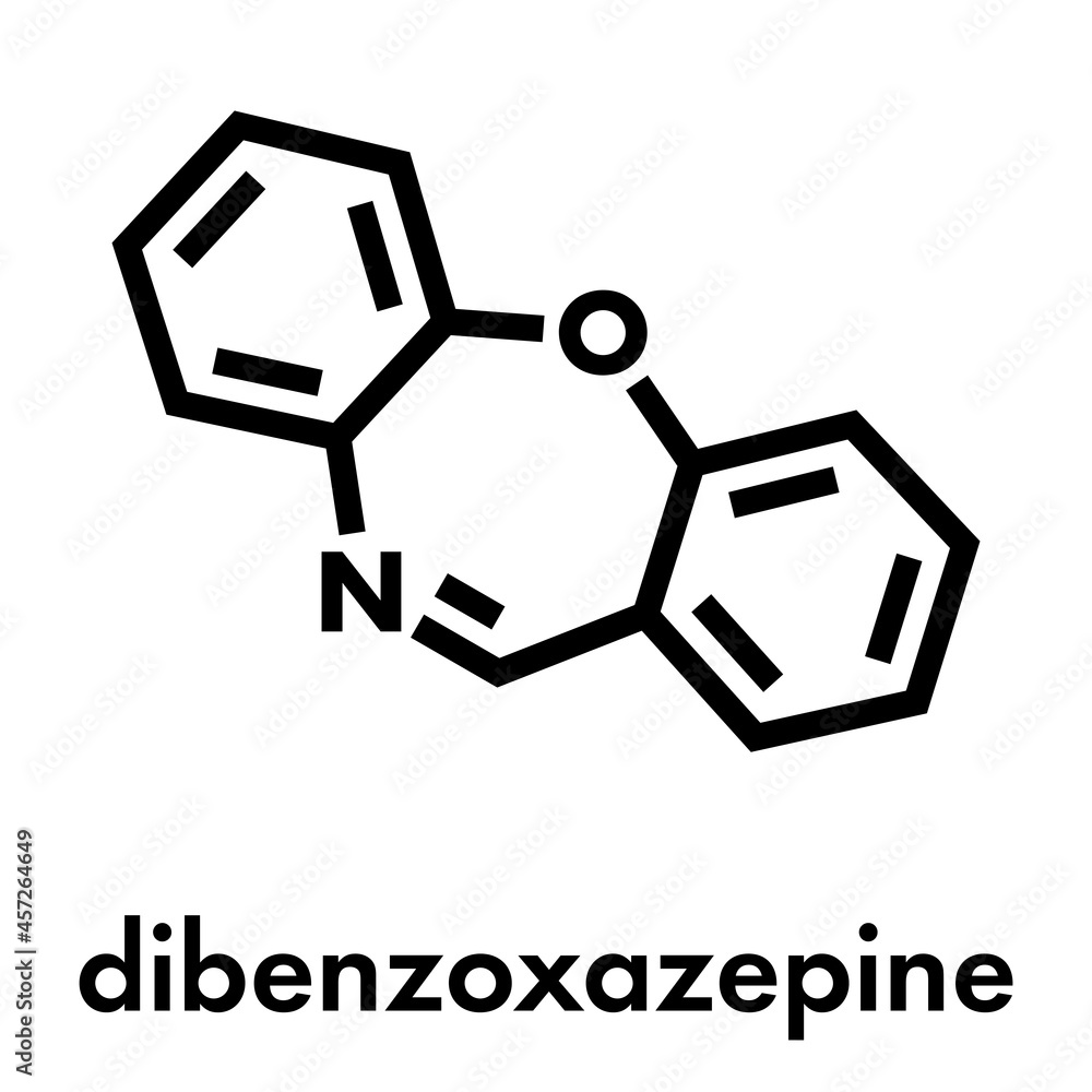 Dibenzoxazepine (CR) tear gas molecule. Skeletal formula. Dibenzoxazepine (CR) tear gas molecule. Skeletal formula.