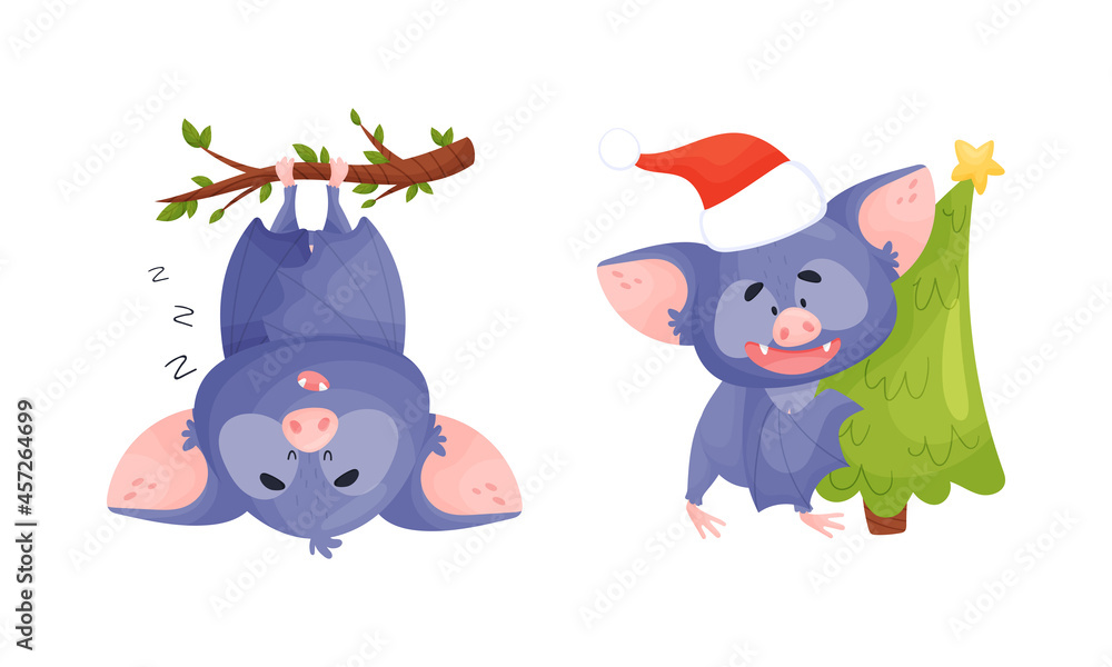 Fototapeta premium Funny Purple Bat Character Hanging Upside Down on Tree Branch and Carrying Fir Tree Vector Set