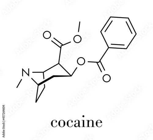 Cocaine stimulant drug molecule. Used as salt or as free base (crack, freebase). Skeletal formula.