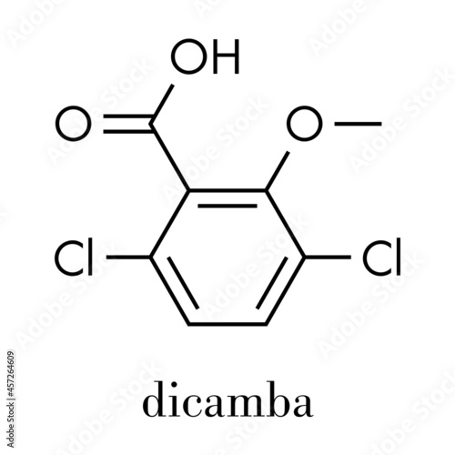 Dicamba herbicide molecule. Used in weed control. Skeletal formula.