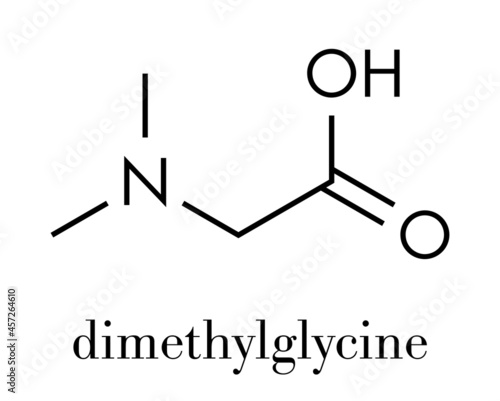 Dimethylglycine (DMG) molecule. Methylated derivative of glycine, used in performance enhancing nutritional supplements. Skeletal formula.