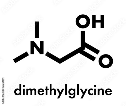 Dimethylglycine (DMG) molecule. Methylated derivative of glycine, used in performance enhancing nutritional supplements. Skeletal formula.
